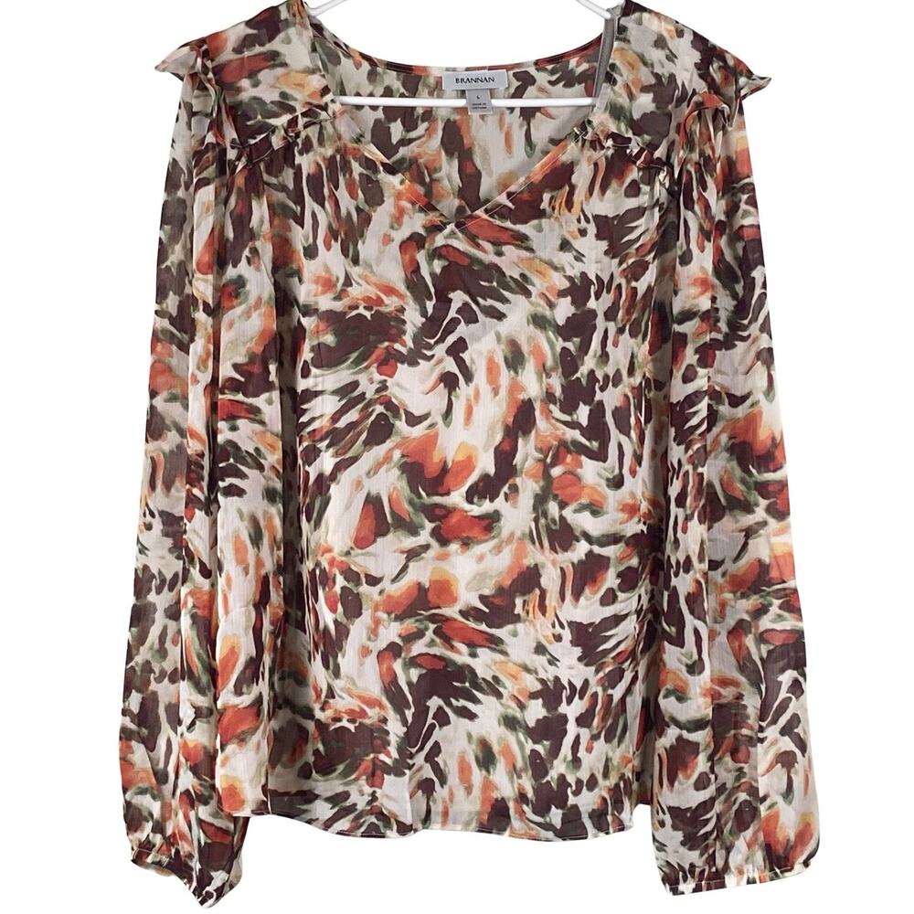 Brennan Blouse Women's Large Abstract Long Sleeve Lined V-Neck Ruffle Brown - Picture 1 of 7